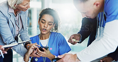 Buy stock photo Woman, nurse and multitasking with phone or medical team for pressure, chaos or deadline at busy hospital. Female person, healthcare employee or demanding colleagues with workload or tasks at clinic