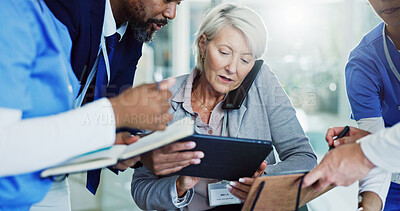 Buy stock photo Woman, medical team or multitasking with tablet, phone call or document for overworked chaos or busy hospital. Female person, healthcare employees or demanding colleagues with technology or paperwork