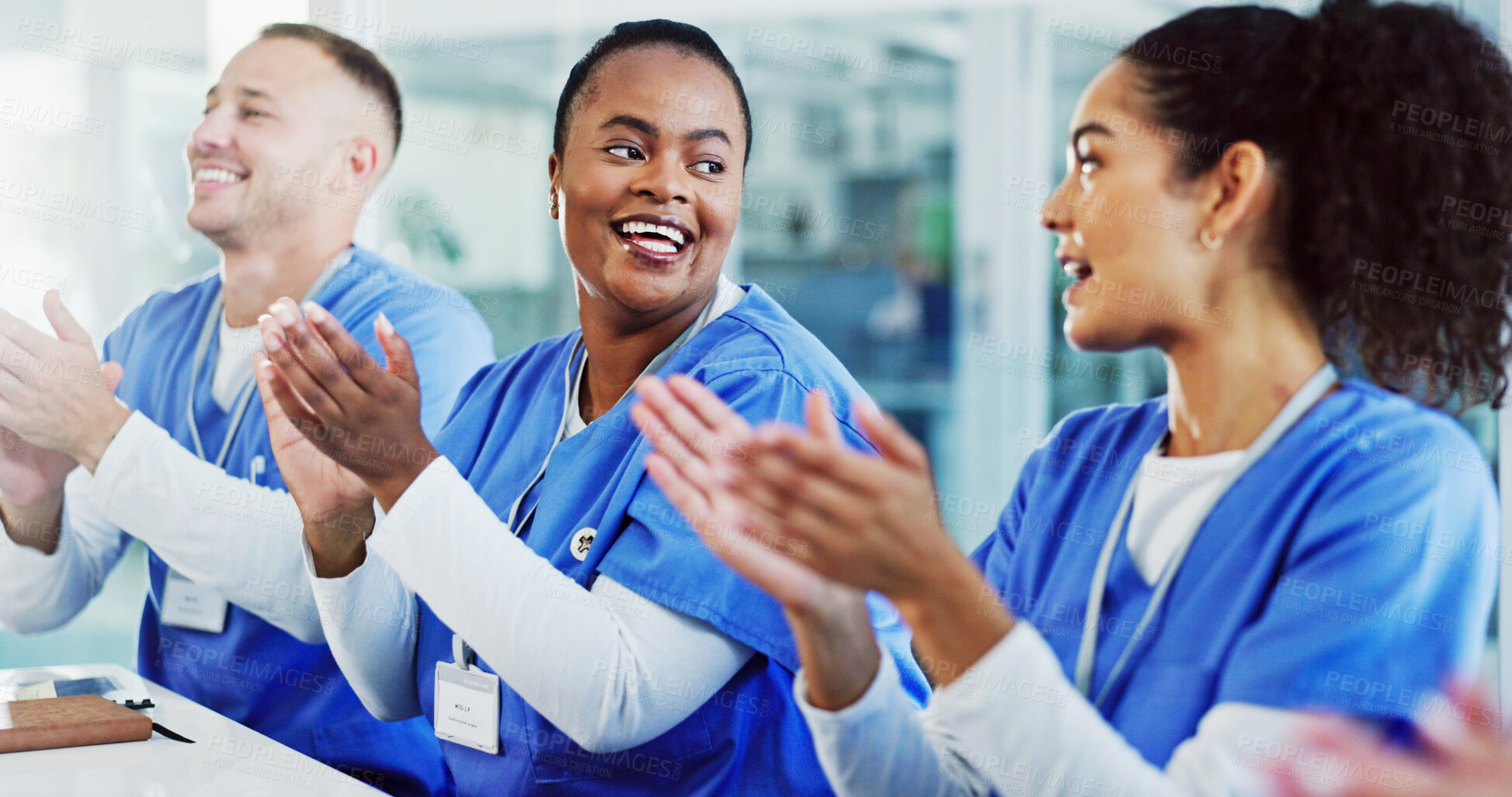 Buy stock photo Applause, nurses and people in meeting with support, success and achievement for doctors. Smile, cheers and healthcare team in celebration for medical innovation, hospital funding or care management