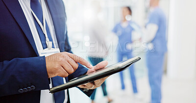 Buy stock photo Hospital, medicine and hands businessman on tablet to check or review insurance policy on app. Closeup, digital technology and manager with research project, risk management or feedback in clinic
