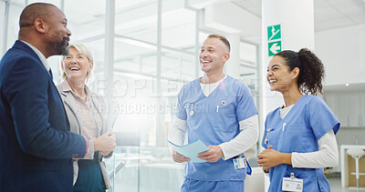 Buy stock photo Collaboration, healthcare and laughing with hospital manager speaking to staff for medical planning. Administration, management and meeting with medicine professional talking to team in clinic