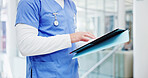 Hands, nurse and report in corridor at hospital, reading and medical history with administration. Person, documents and  check diagnosis for problem solving, solution or healthcare service at clinic