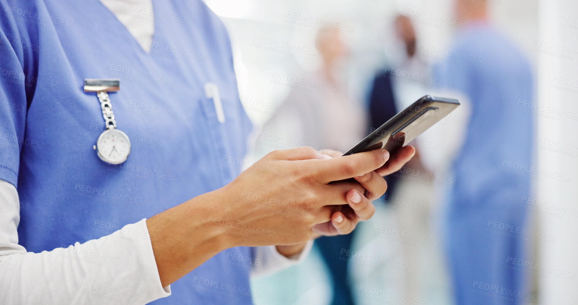 Buy stock photo Person, hands or nurse with phone for telehealth, medical research or online course at hospital. Closeup, caregiver or practitioner typing on mobile smartphone for health app, tips or news at clinic