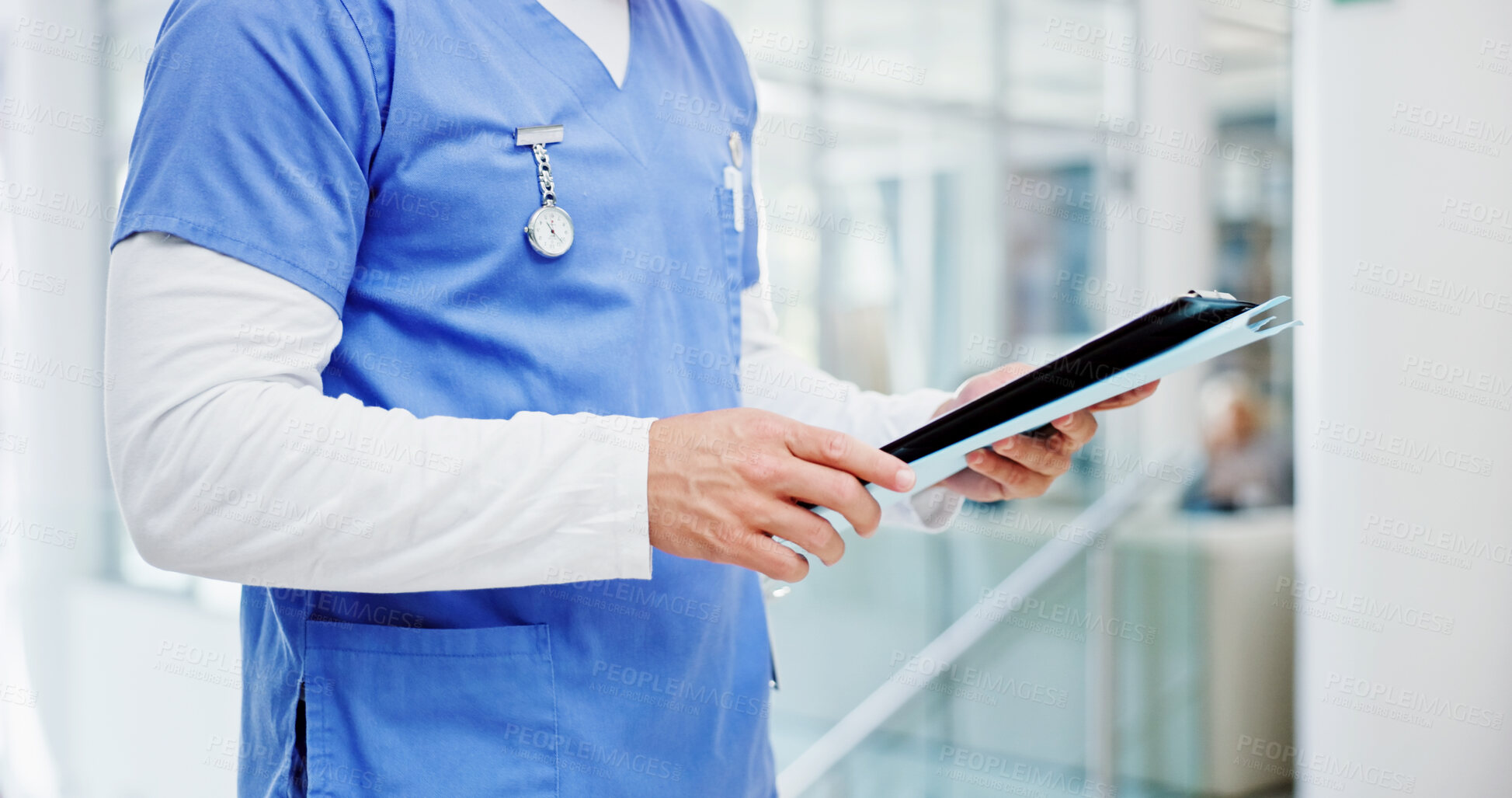 Buy stock photo Hands, nurse and documents in hallway at hospital, assessment and medical history with administration. Person, report and review results with evaluation, solution and healthcare services at clinic