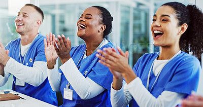 Buy stock photo Applause, nurses and doctors in meeting with success, support or achievement in clinic. Smile, group of people and healthcare team in celebration for medical innovation, cheers or hospital management