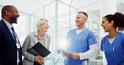 Buy stock photo Funny, healthcare and meeting with hospital manager speaking to staff for medical planning. Administration, laughing and management with medicine professional speaking to medicare team in clinic