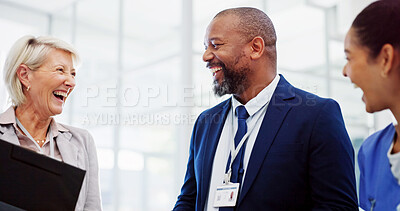 Buy stock photo Healthcare, laughing and meeting with hospital manager speaking to staff for medical planning. Administration, funny and management with medicine professional speaking to medicare team in clinic
