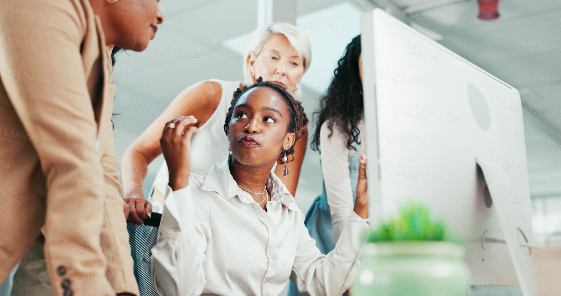 Buy stock photo Computer, idea or explain with business woman and team in office together for strategic planning. Conversation, desktop or gesture of professional employee at desk for problem solving with colleagues