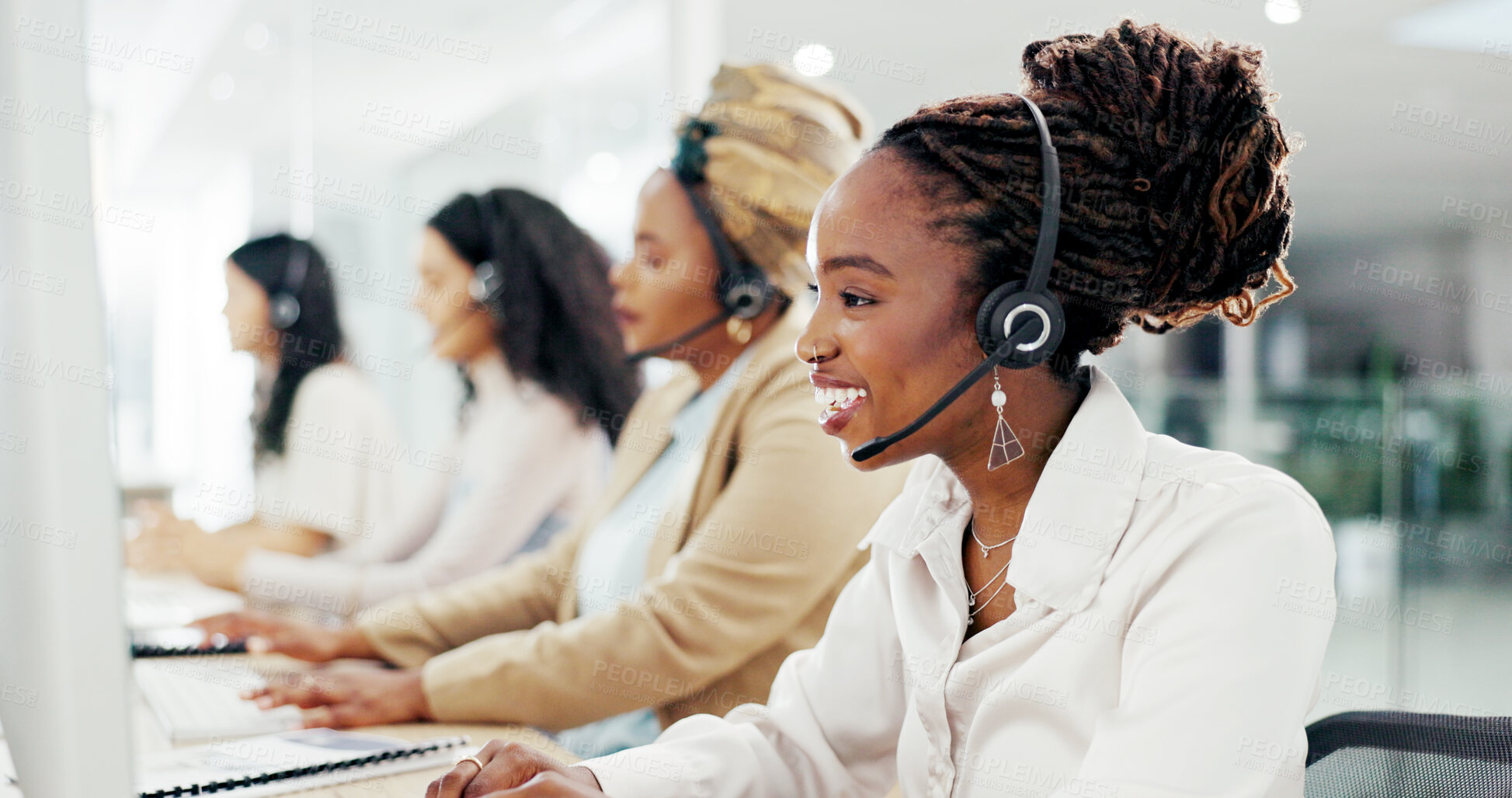Buy stock photo Call center, computer and virtual with woman in office for flight booking, customer support and itinerary planning. Tour guide consultant, help desk and vip program with person in travel agency