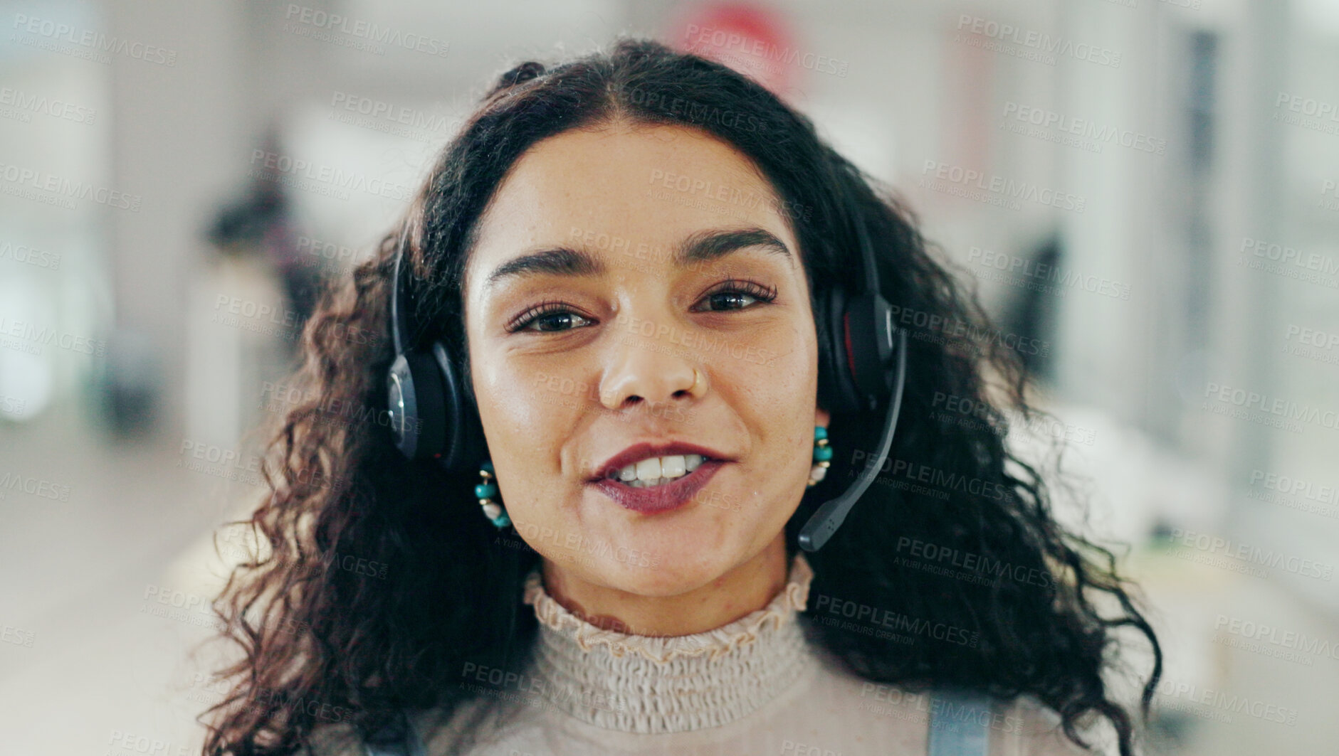 Buy stock photo Call center, smile and portrait of woman for customer support, online service and consulting video pov. Crm business, contact us and female worker with headset for telemarketing, networking and sales