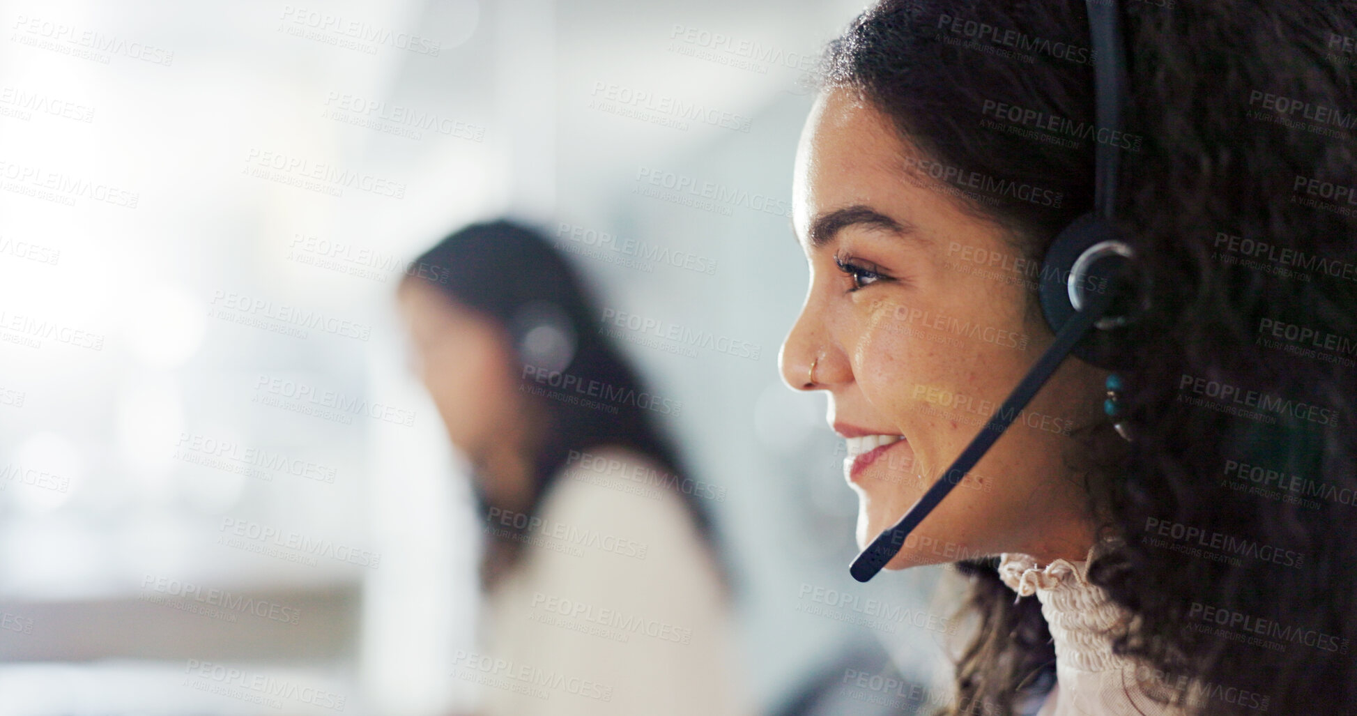 Buy stock photo Call center, headset and smile with woman in office for flight booking, customer support and itinerary planning. Travel agent consulting, help desk and vip program with person in tour guide agency