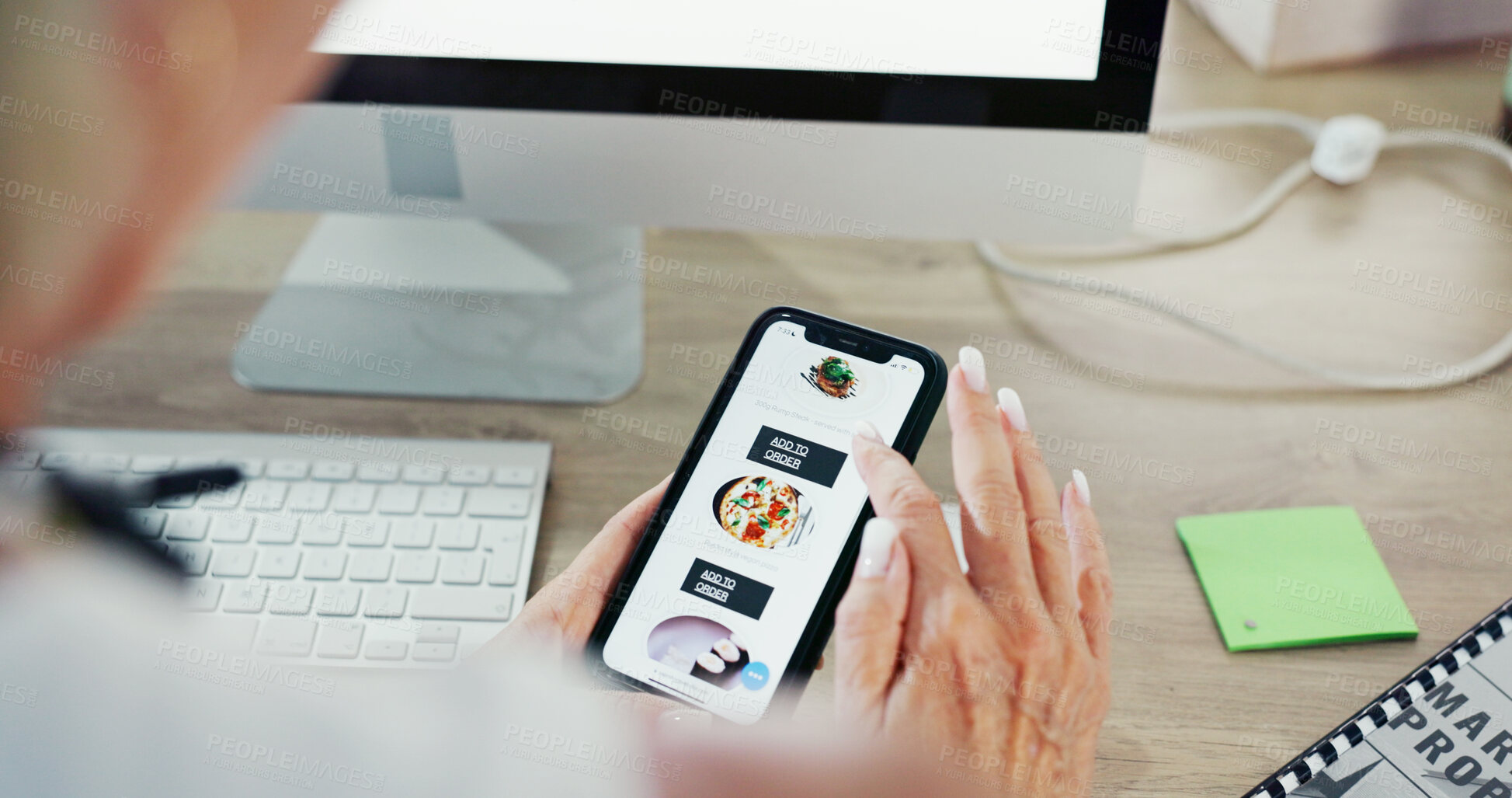 Buy stock photo Phone screen, food delivery and hands of person in office for lunch, dinner and meal at work. Professional, online shopping and worker on smartphone for website ui, menu and takeaway choice on app
