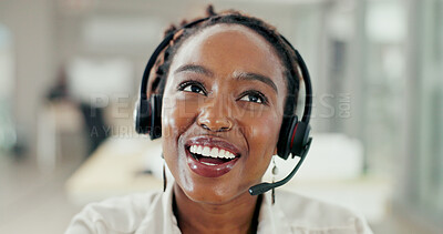 Buy stock photo Call center, smile and thinking black woman for customer support, online service and consulting video pov. Crm business, contact us and laughing happy female worker with headset for telemarketing