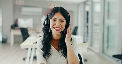 Buy stock photo Call center, headset and portrait of woman for customer support, online service and consulting video pov. Crm business, contact us and face of female worker with networking for telemarketing smile