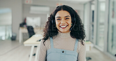 Buy stock photo Call center, headset and portrait of woman for customer service, online support and consulting video pov. Crm business, contact us and face of female worker with networking for telemarketing smile