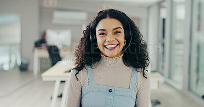 Buy stock photo Call center, portrait and help desk woman for customer service, online support and consulting video pov. Crm business, contact us and female worker with headset for networking or telemarketing smile