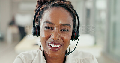 Buy stock photo Call center, consultant and portrait black woman for customer support, online service and help desk video pov. Crm business, contact us and happy female worker with headset for telemarketing smile