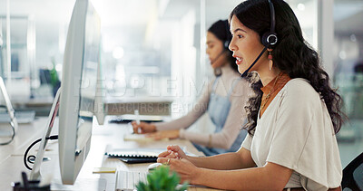 Buy stock photo Call center, computer and contact us with woman in office for flight booking, customer support and advisor. Travel agent consulting, help desk and vip program with person in tour guide agency