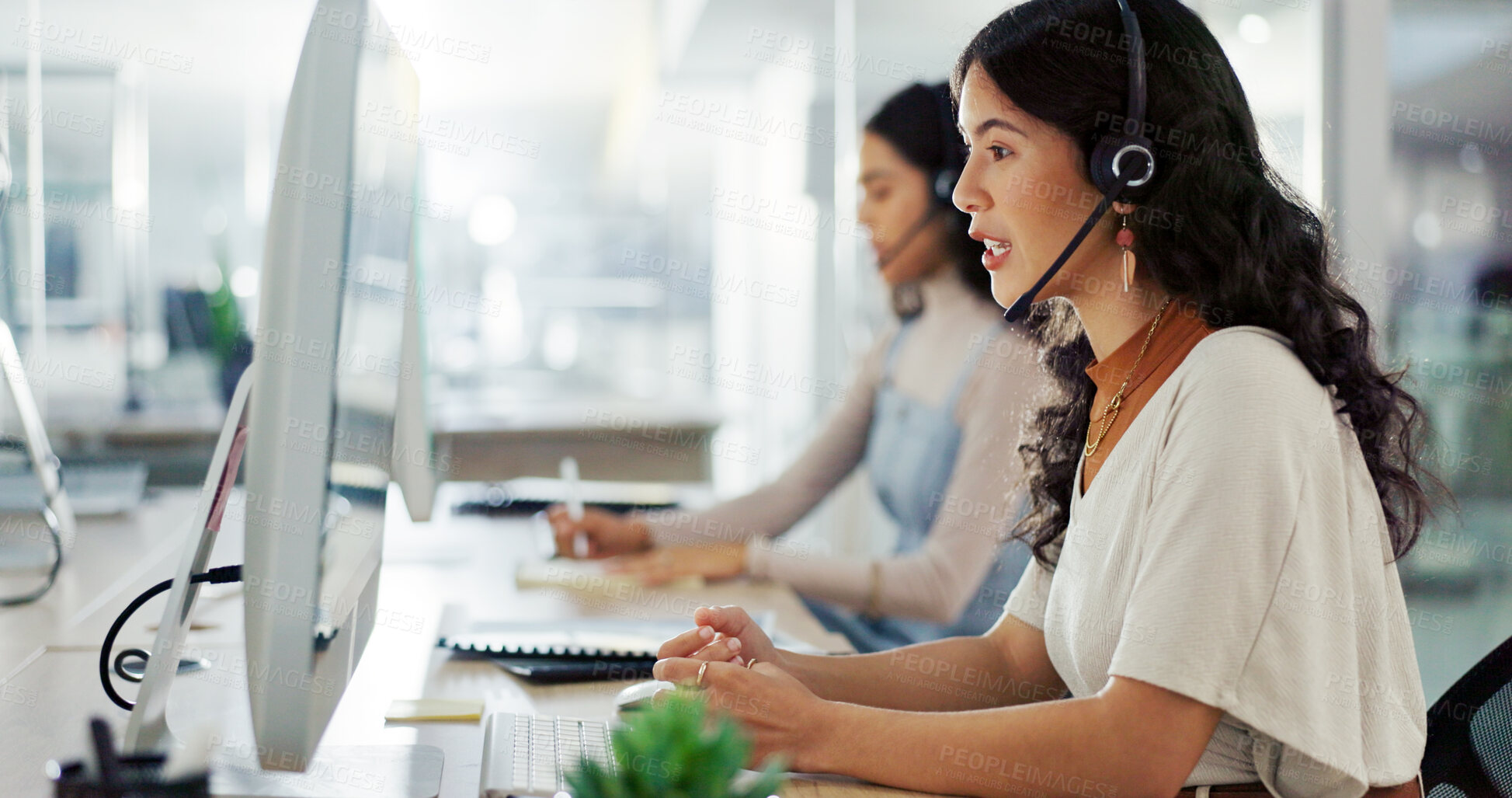 Buy stock photo Call center, computer and contact us with woman in office for flight booking, customer support and advisor. Travel agent consulting, help desk and vip program with person in tour guide agency