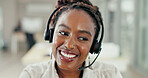 Call center, consultant and black woman for customer support, online service and help desk video pov. Crm business advice, contact us and happy female worker with headset for telemarketing smile