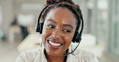 Buy stock photo Call center, consultant and black woman for customer support, online service and help desk video pov. Crm business advice, contact us and happy female worker with headset for telemarketing smile