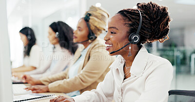 Buy stock photo Call center, computer and team with woman in office for flight booking, customer support and itinerary planning. Travel agent consulting, help desk and vip program with person in tour guide agency