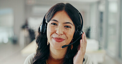 Buy stock photo Call center, help desk and portrait of woman for customer support, online service and consulting video pov. Crm business, contact us and face of female worker with networking for telemarketing smile