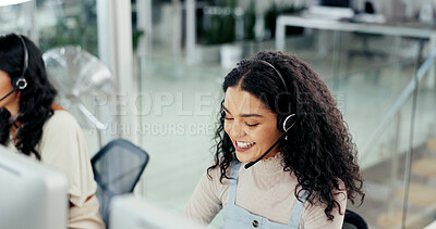 Buy stock photo Customer support, computer and smile with woman in office for flight booking, call center and itinerary planning. Travel agent consulting, help desk and vip program with person in tour guide agency