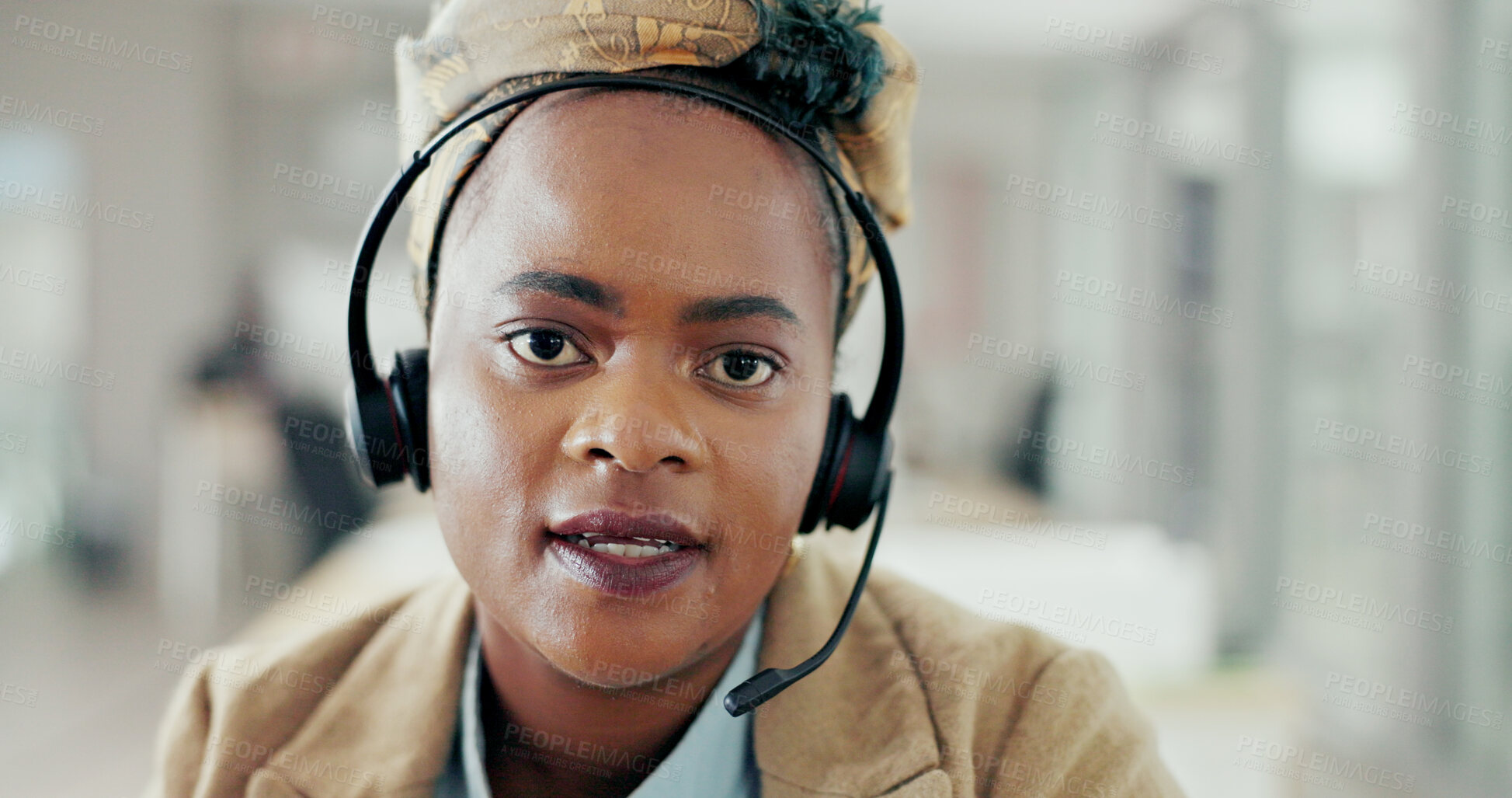 Buy stock photo Call center, headset and portrait of black woman for customer support, online service and help desk video pov. Crm business, contact us and female worker with consultant for telemarketing advice