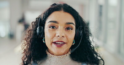 Buy stock photo Call center, headset and portrait of woman for customer support, online service and consulting video pov. Crm business, contact us and face of happy female worker with smile for telemarketing advice