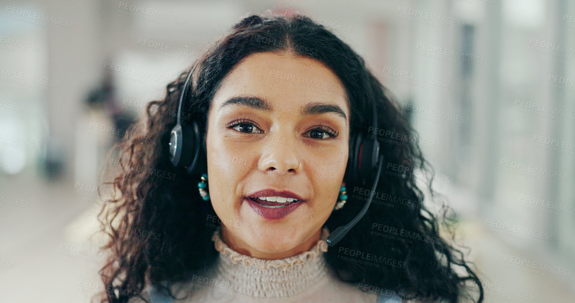Buy stock photo Call center, headset and portrait of woman for customer support, online service and consulting video pov. Crm business, contact us and face of happy female worker with smile for telemarketing advice