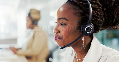 Buy stock photo Smile, black woman and talk with headset at call centre of customer service, ecommerce and crm advice. Happy, female advisor and discussion with technical support, telemarketing help and faq solution