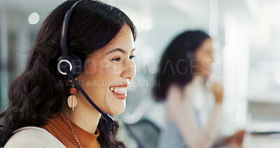 Buy stock photo Call center, mic and smile with woman in office for flight booking, customer support and itinerary planning. Travel agent consulting, help desk and vip program with person in tour guide agency