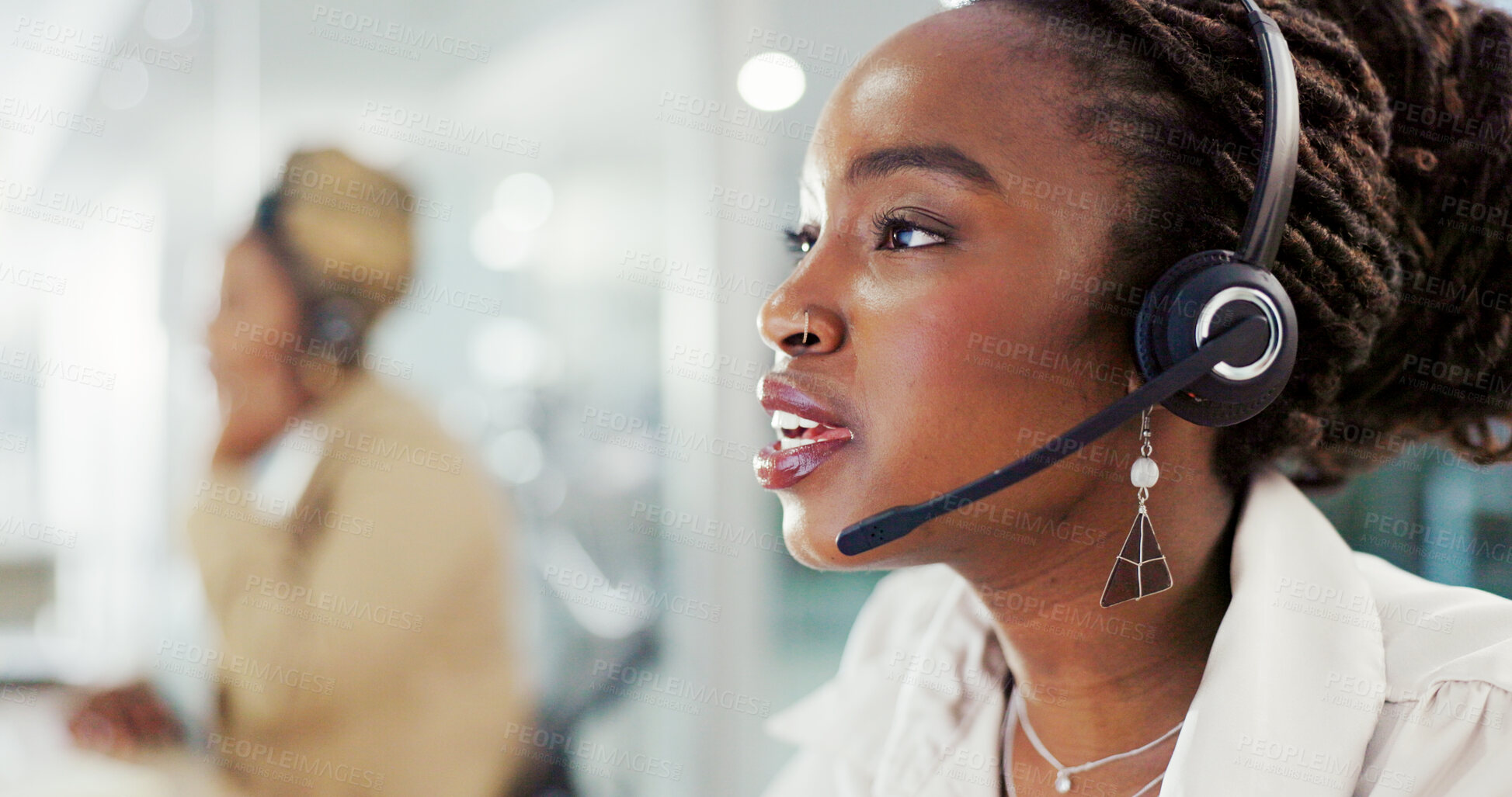 Buy stock photo Black woman, talk and mic with headset at call centre of customer service, problem solving and crm. Female advisor, discussion and information with technical support, telemarketing and ecommerce faq