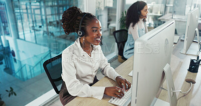 Buy stock photo Call centre, talking and woman with headset, computer and consulting for sales on website and helping. Customer service, communication and person with microphone for telemarketing, happy and office