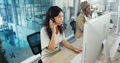 Buy stock photo Call center, computer and headset with woman in office for flight booking, customer support and itinerary planning. Travel agent consulting, help desk and vip program with person in tour guide agency