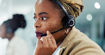 Buy stock photo Call centre, talking and woman with headset, serious and consulting for sales on website or helping. Customer service, communication and black person with microphone for telemarketing, tech or office