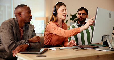 Buy stock photo Computer, manager or people in customer service training, telecom or online support coaching. Leadership, lead generation or virtual assistant pointing for inbound sales, call center help or question