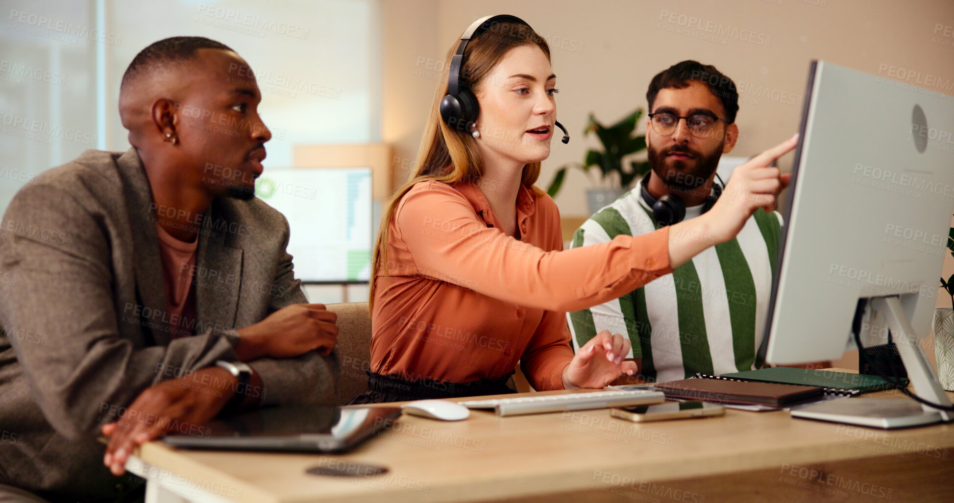 Buy stock photo Computer, manager or people in customer service training, telecom or online support coaching. Leadership, lead generation or virtual assistant pointing for inbound sales, call center help or question