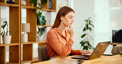 Buy stock photo Business, thinking and woman with laptop, brainstorming and planning for creative project. Person, journalist and employee in office, pc and research for article, decision and solution with choice