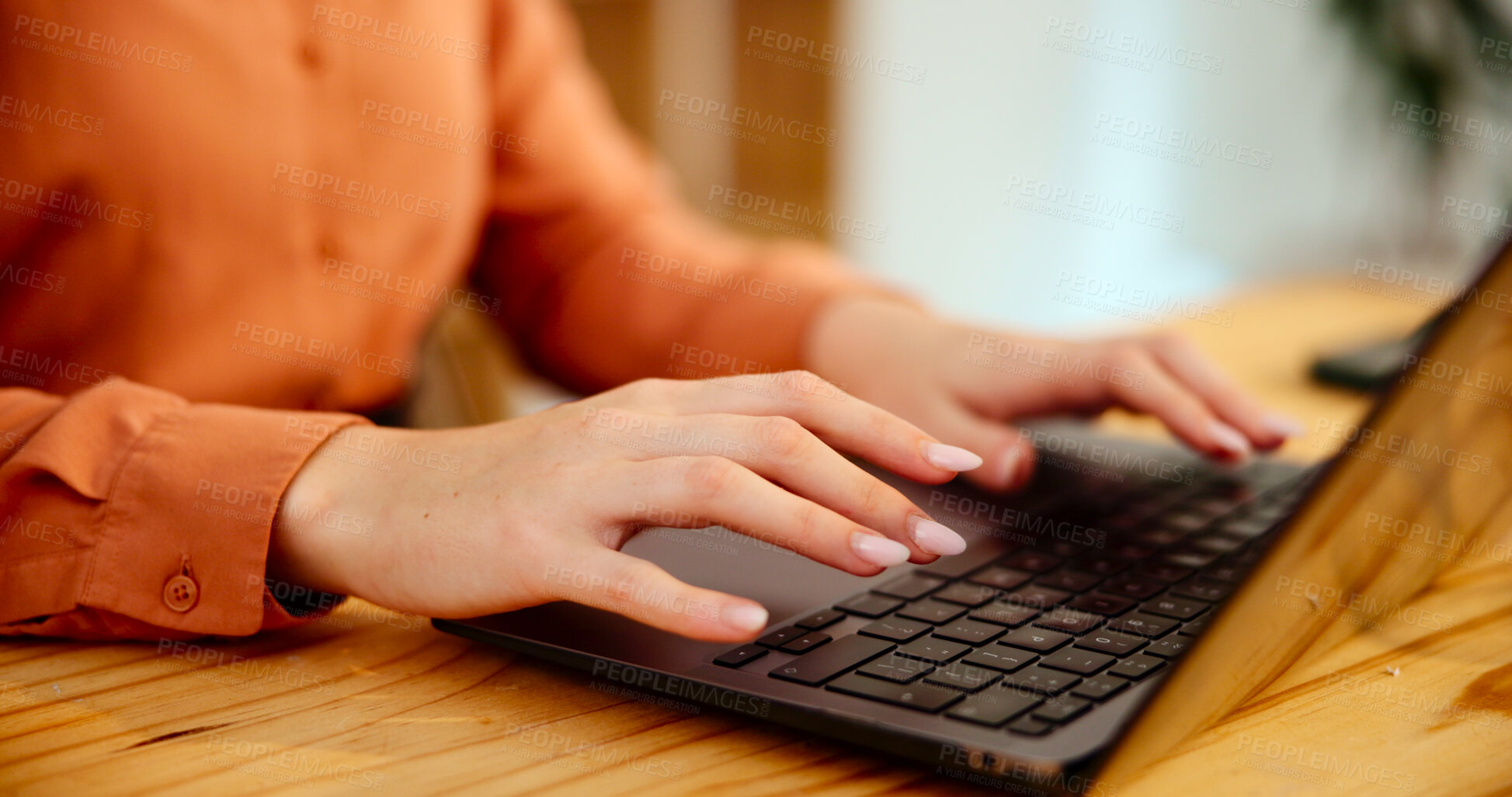 Buy stock photo Hands, laptop or creative woman typing report, email or content writer editing article. Keyboard closeup, desk or business person writing, research or update blog on social media platform in startup