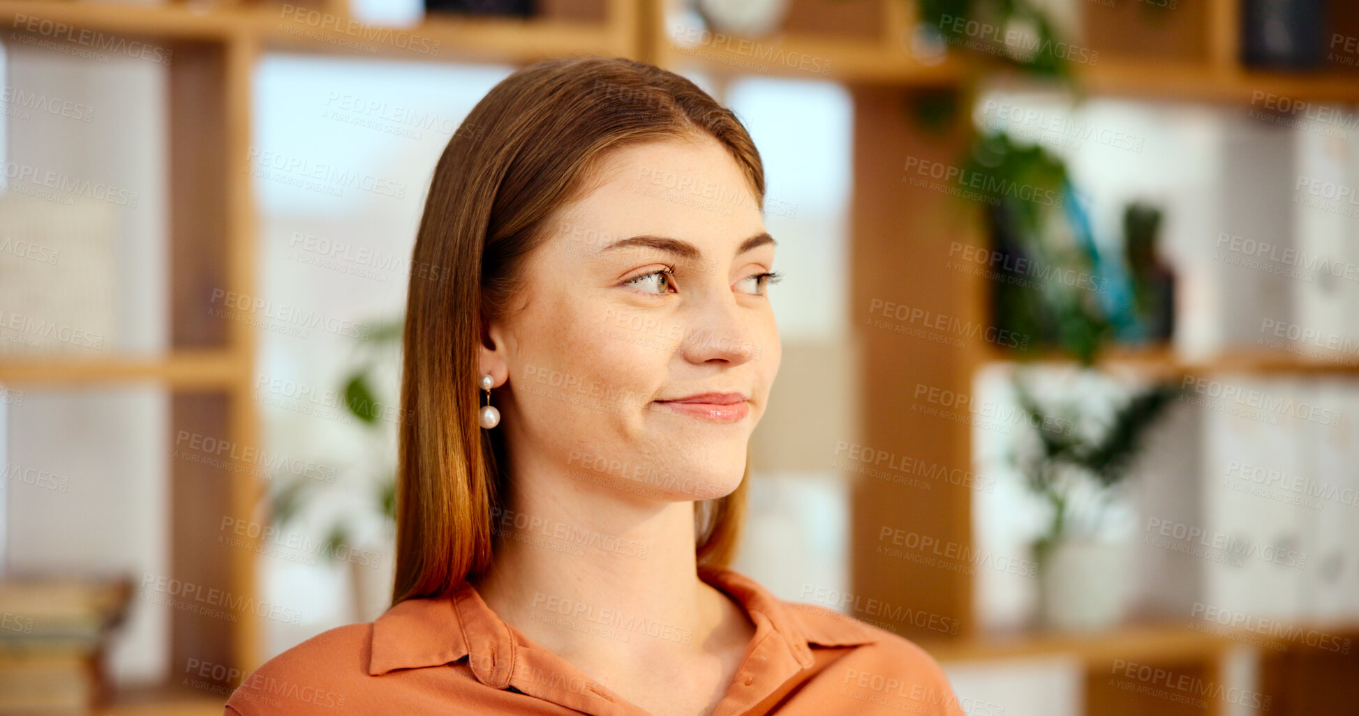 Buy stock photo Creative, thinking and business woman in office with insight, problem solving and vision. Idea, solution and happy worker with inspiration, mindset and reflection for event coordination in startup