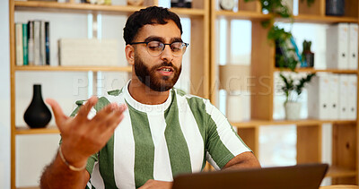 Buy stock photo Video call, man and laptop in office for interview, virtual meeting or online discussion. Applicant, HR officer and communication for contract information or job requirements in onboarding webinar