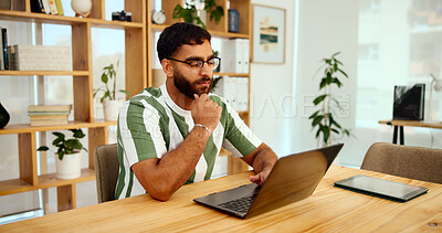 Buy stock photo Business, thinking and man with laptop, online reading and planning for creative project. Person, web design and employee in office, pc and research with digital update, problem solving and solution 
