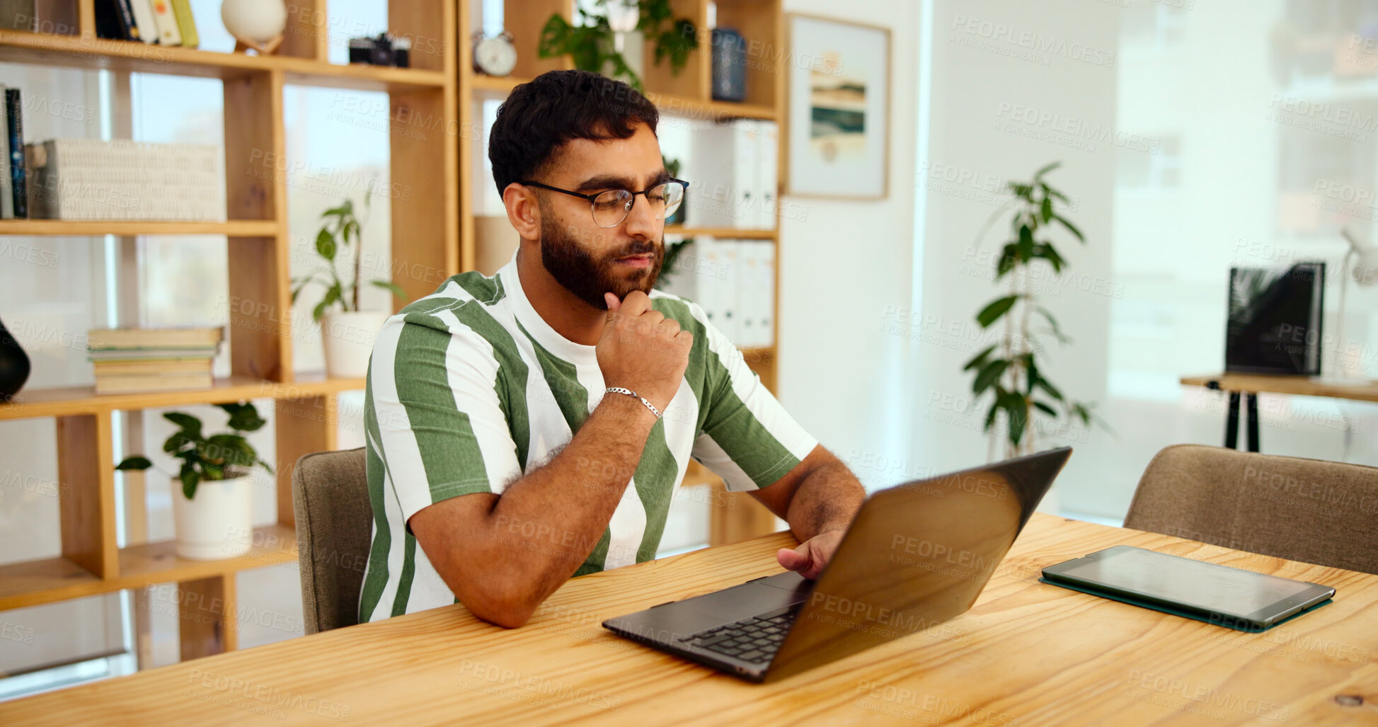 Buy stock photo Business, thinking and man with laptop, online reading and planning for creative project. Person, web design and employee in office, pc and research with digital update, problem solving and solution 