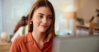 Buy stock photo Reading, creative business and happy woman on computer in startup for research, inspiration or solution. Content writer, online and working on project, planning or think with article on social media