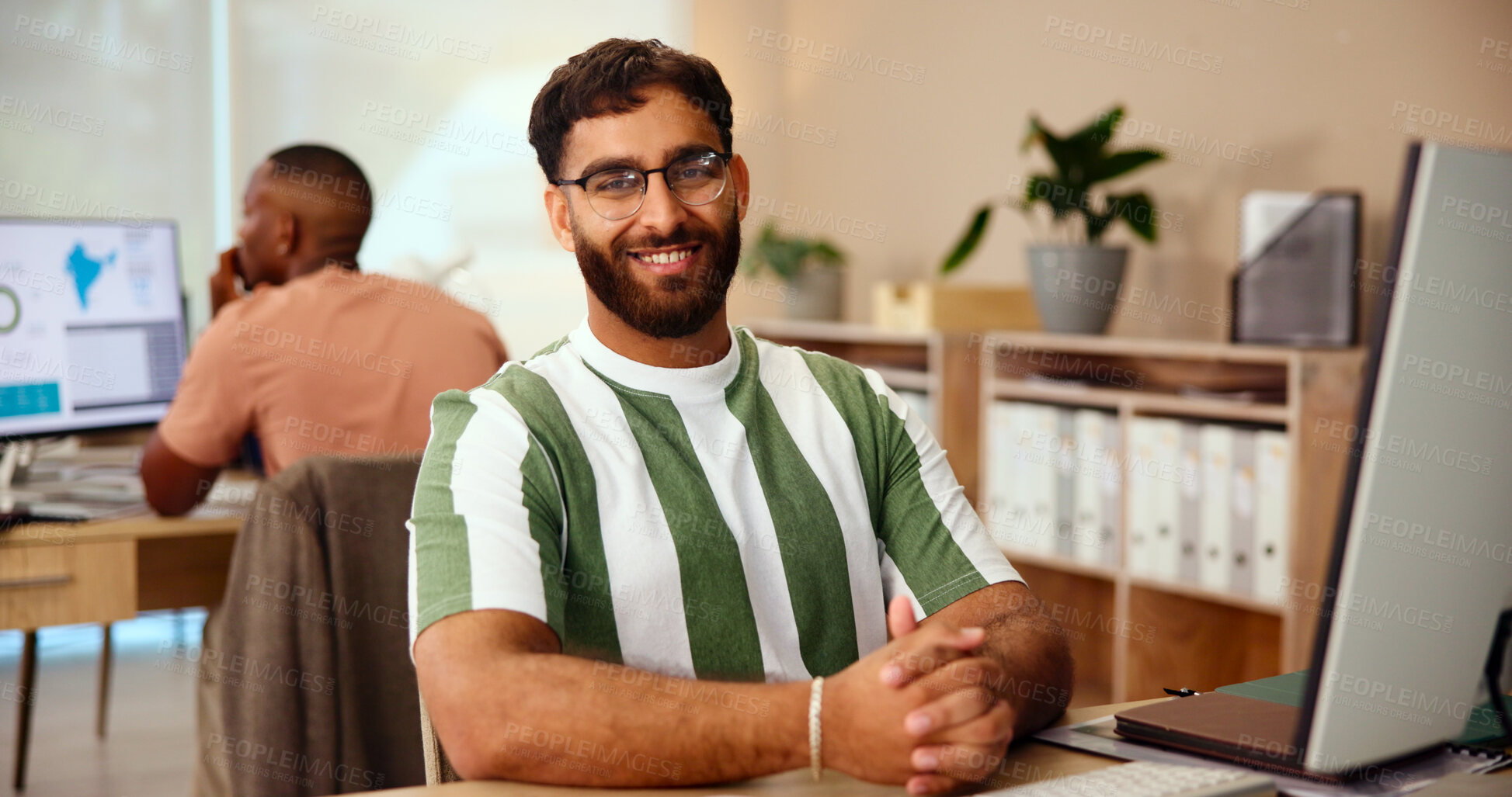 Buy stock photo Portrait, creative and man with smile, office and confident for graphic design, happy and career growth. Business, web designer and person with project for agency, positive mindset and Canada