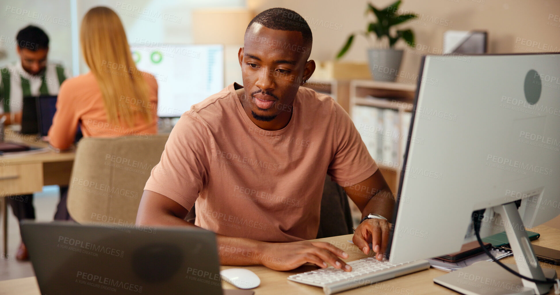 Buy stock photo Laptop, creative business and man typing in startup office, research and data for article performance. Copywriter, online and writing email on computer, planning project and check engagement metrics