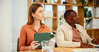 Buy stock photo Business, man and woman in meeting of finance for information, financial planning and event planner. Staff, speaker and tablet with documents, investment charts and statistics report of profit growth