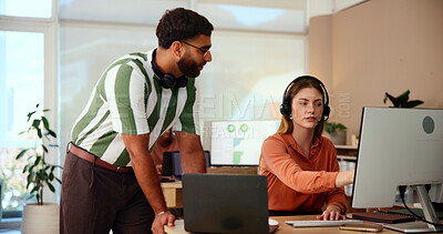 Buy stock photo Agent, manager or woman in customer service training, telecom or online support internship. Coaching, lead generation or virtual assistant on computer for inbound sales, call center help or question